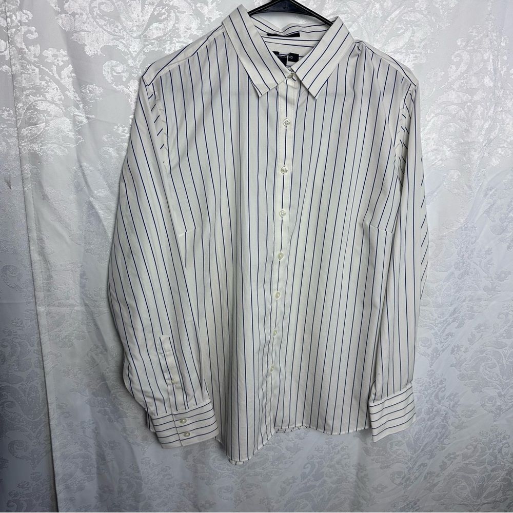 Lands' End No Iron Supima Striped Dress Shirt - White and Navy
